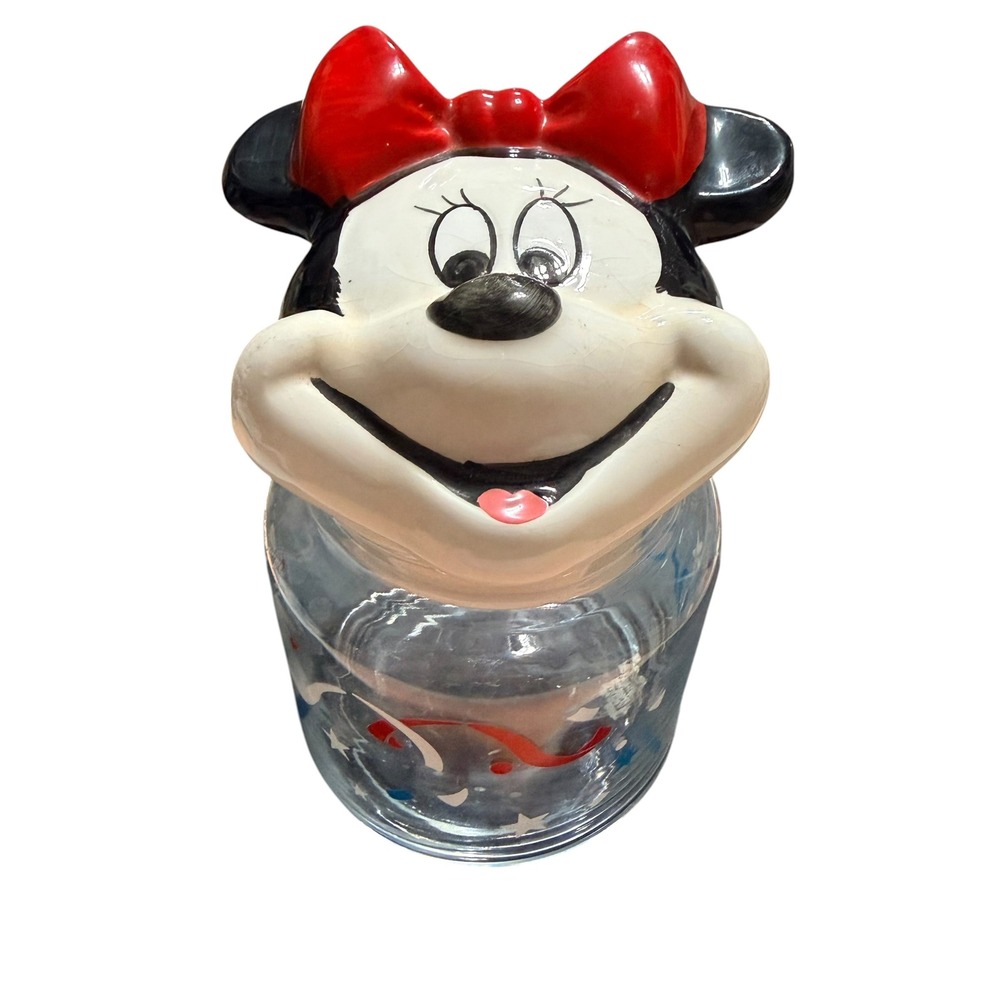 Vintage Disney Minnie Mouse Glass Canister Ceramic Lid Hand Painted Taiwan ROC